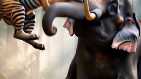 Tiger attacking elephant in 3D animation video