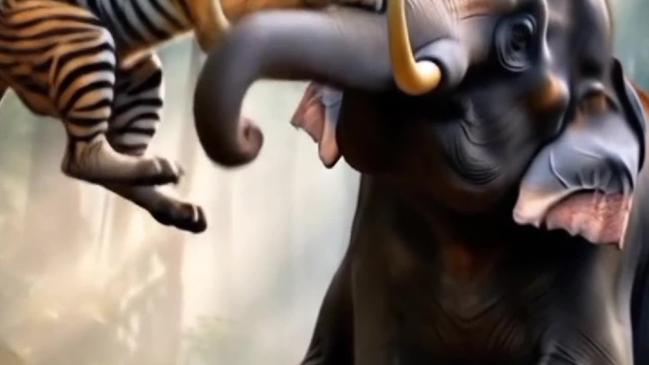 Tiger attacking elephant in 3D animation video