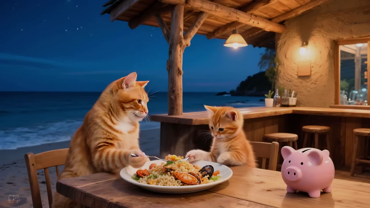 Ginger and Mama Cat Are Selling Seafood Rice by the Seaside, their Saving Plan #AI