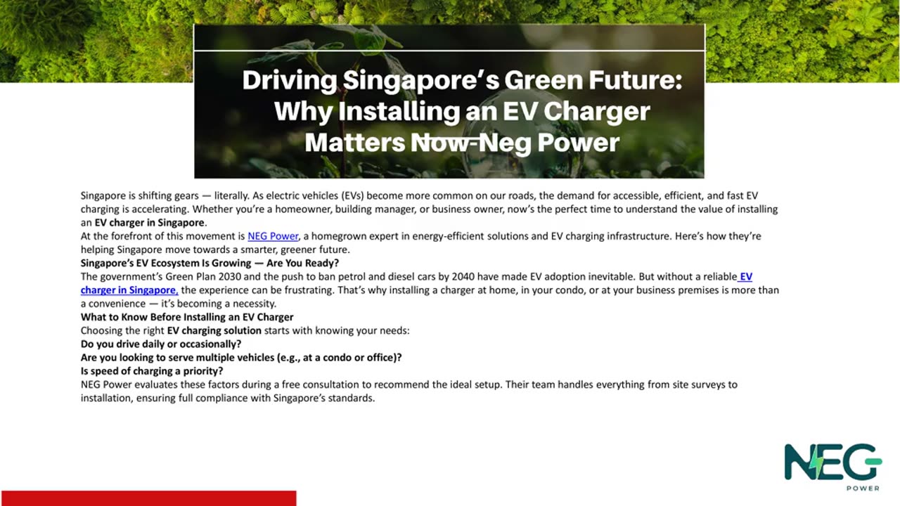 Driving Singapore’s Green Future: Why Installing an EV Charger Matters Now-Neg Power