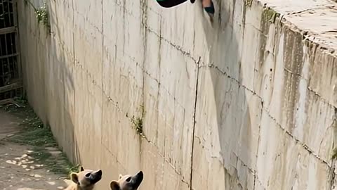 SHOCKING HYENA PACK LEAPS FOR CHILD ON ZOO WALL!