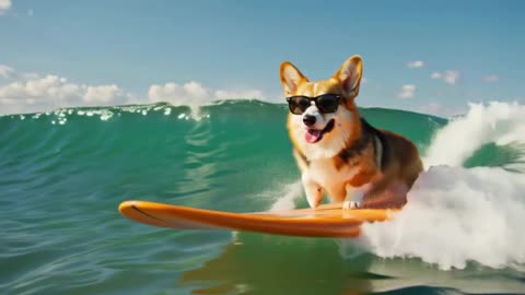 Happy Corgi Surfing at High Speed Wearing Colorful Sunglasses on a Sunny Ocean Wave