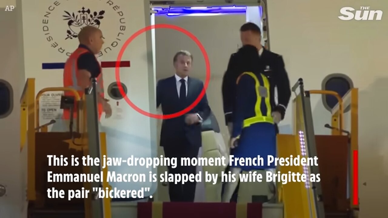 Bizarre moment Emmanuel Macron is SHOVED by wife Brigitte while ‘bickering’ as they got off plane