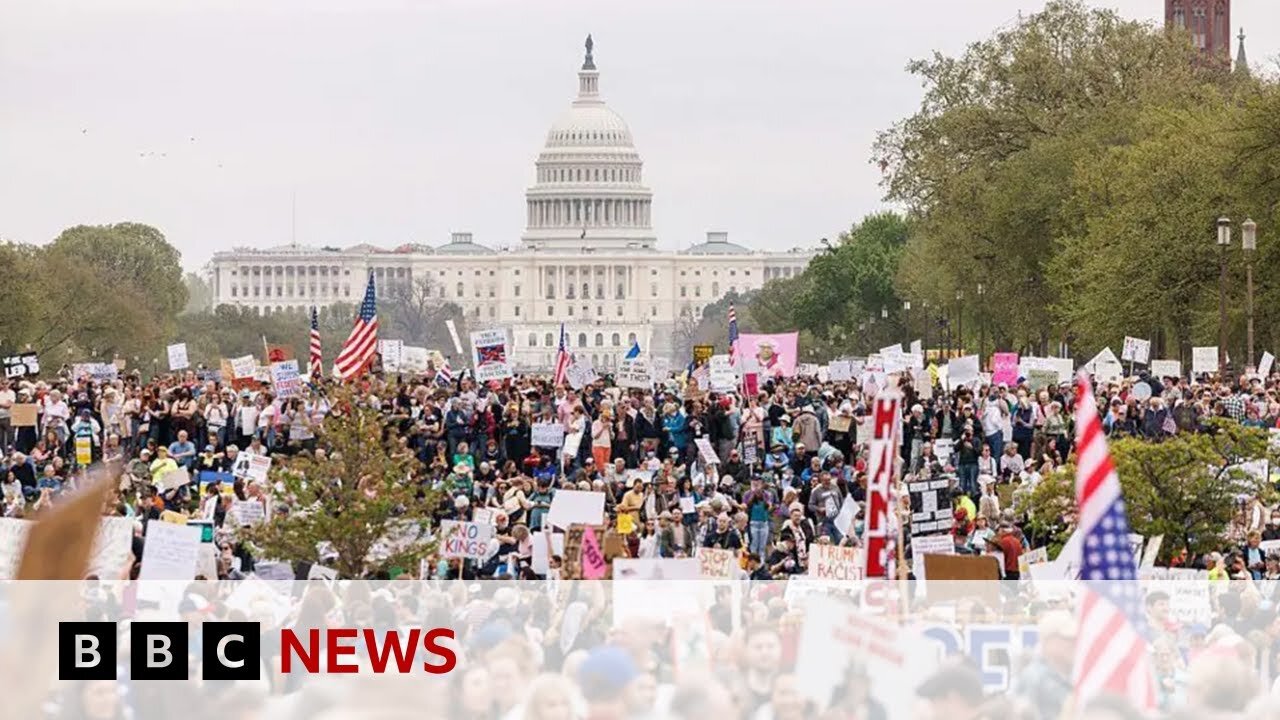 Anti-Trump protests take place across US as tariffs come into force | BBC News