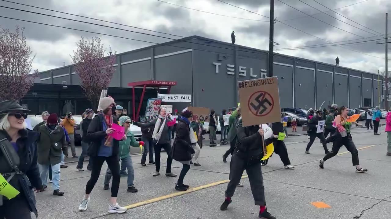 Well it's cringe but at least they aren't burning stuff. Tesla protest