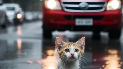 Cat saves dog on the road, touching action