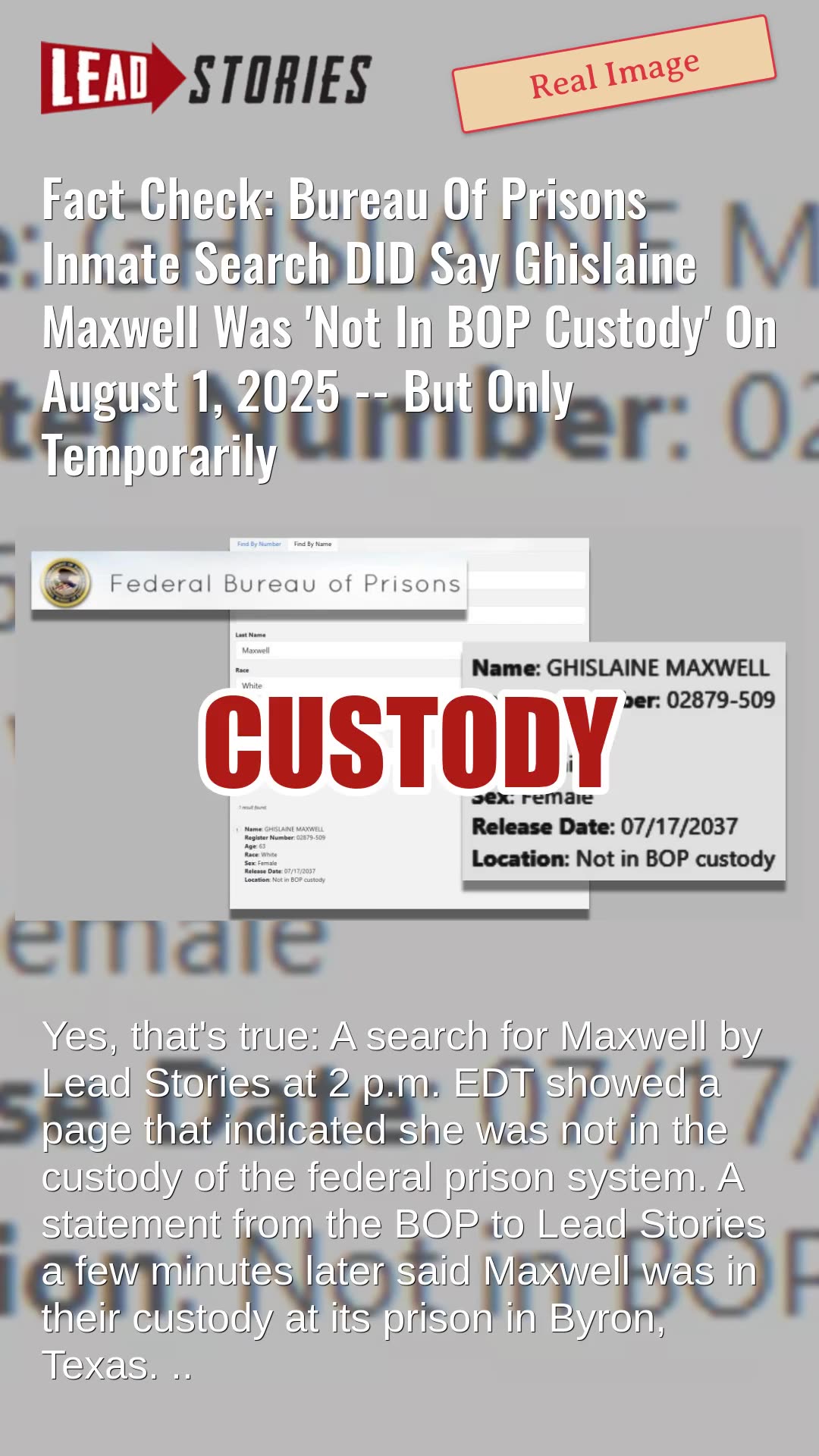 Fact Check: Bureau Of Prisons Search DID Temporarily Say Ghislaine Maxwell Was Not In BOP Custody