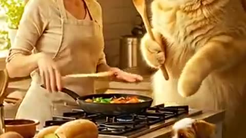 Cute cat, dog cooking with lady 🐈🐕
