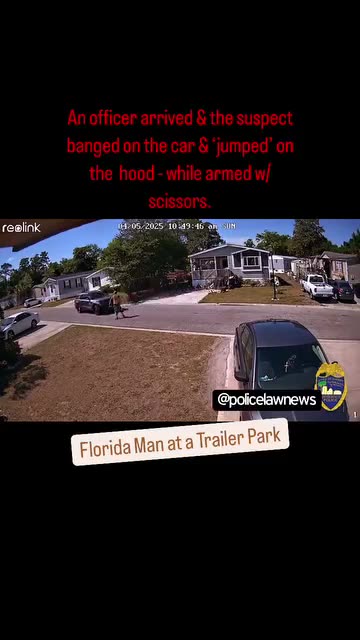 officer arrived & the suspect banged on the car & ‘jumped’ on the hood armed w/ scissors.