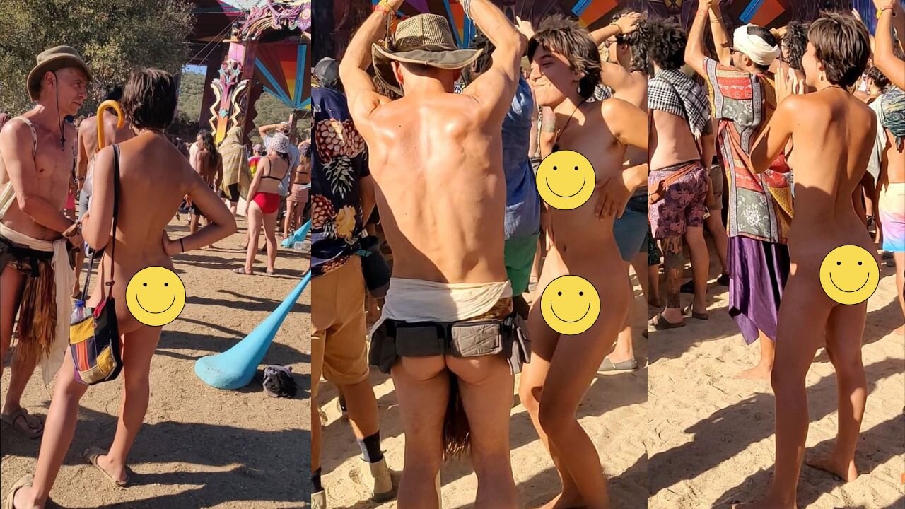 Nudist girl goes dancing at festival
