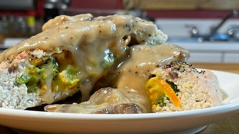 Stuffed Chicken Burgers with Mushroom Gravy