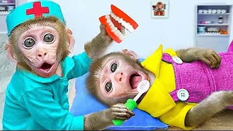 KiKi Monkey doctor pretend play help baby with the Toothache