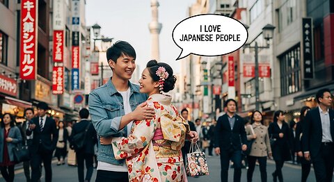 A CHINESE MAN SAYING I LOVE JAPANESE PEOPLE AND GIVE JAPANESE KIMONO Girl A HUG IN JAPAN TOKYO