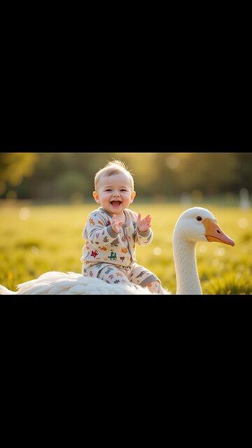 Baby's Joyful Ride on a Goose: Pure Happiness! 🦢👶🌞