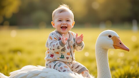 Baby's Joyful Ride on a Goose: Pure Happiness! 🦢👶🌞