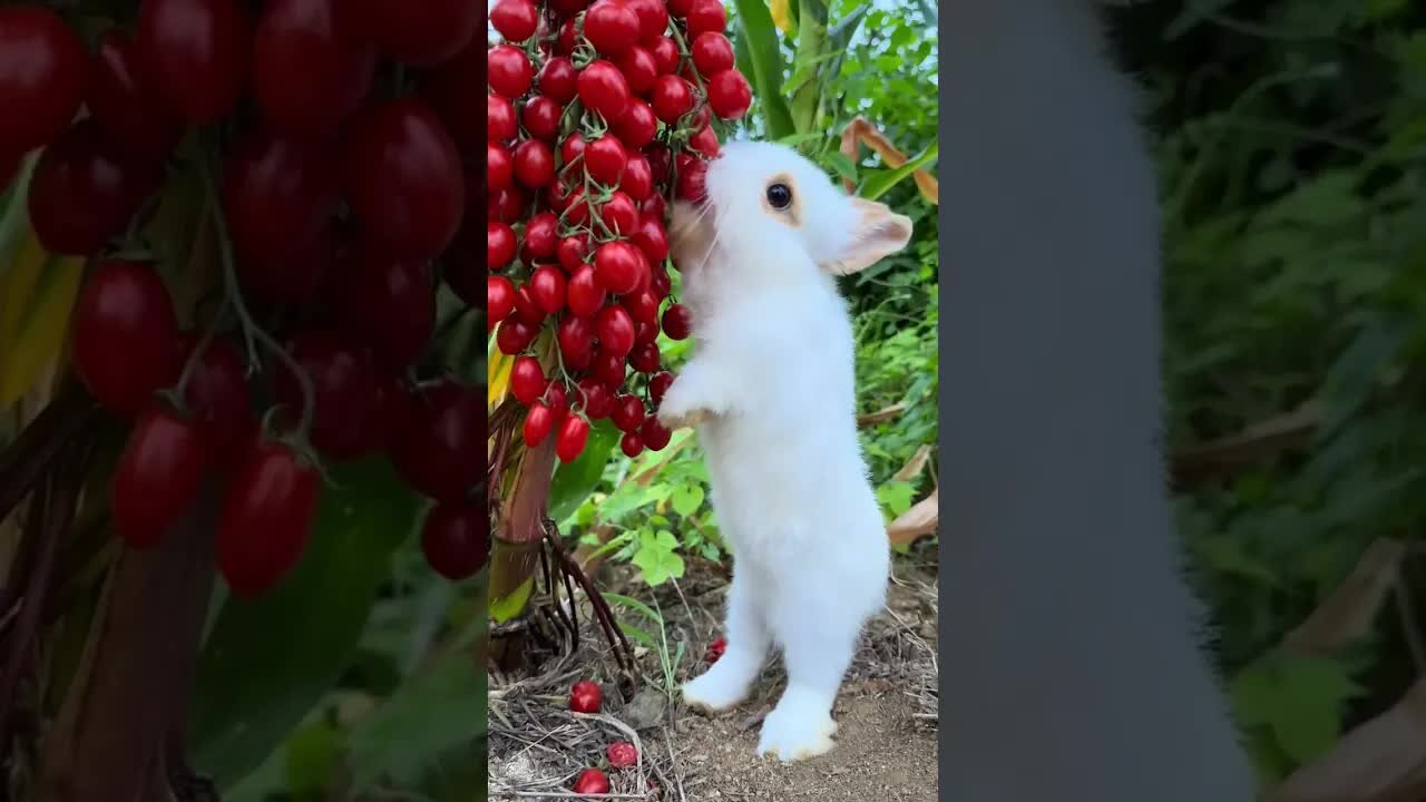 Little rabbit eating small tomatoes Cute pet debut plan Rabbit Pastoral cute pet