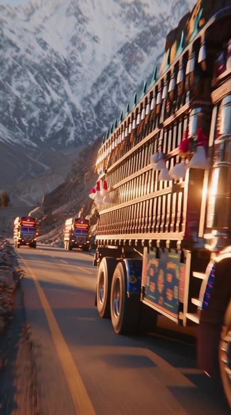 A convoy of vibrantly decorated truck moves along the winding Karakoram Highway