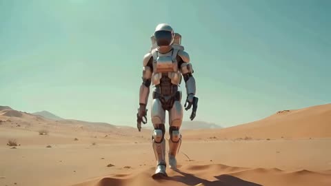 The scene depicts a humanoid robot walking through