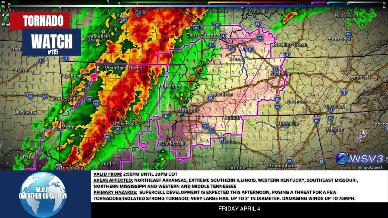 🌪️ Tornado Watch #115: AR, TN, MS, KY! Hail/Wind Risk 4/4/25 #shorts #weatherupdate