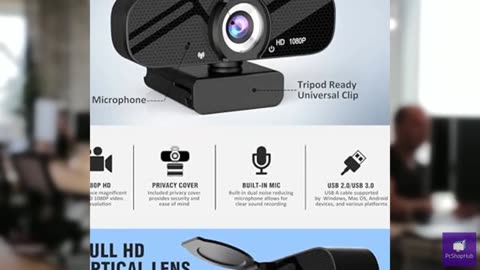 Full HD Webcam with Built-in Microphone and Rotatable Tripod, 1080P Video and Wi