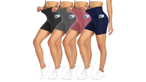 Women’s 4-Pack High-Waisted Shorts – Tummy Control, Pockets, Ideal for Fitness & Lifestyle