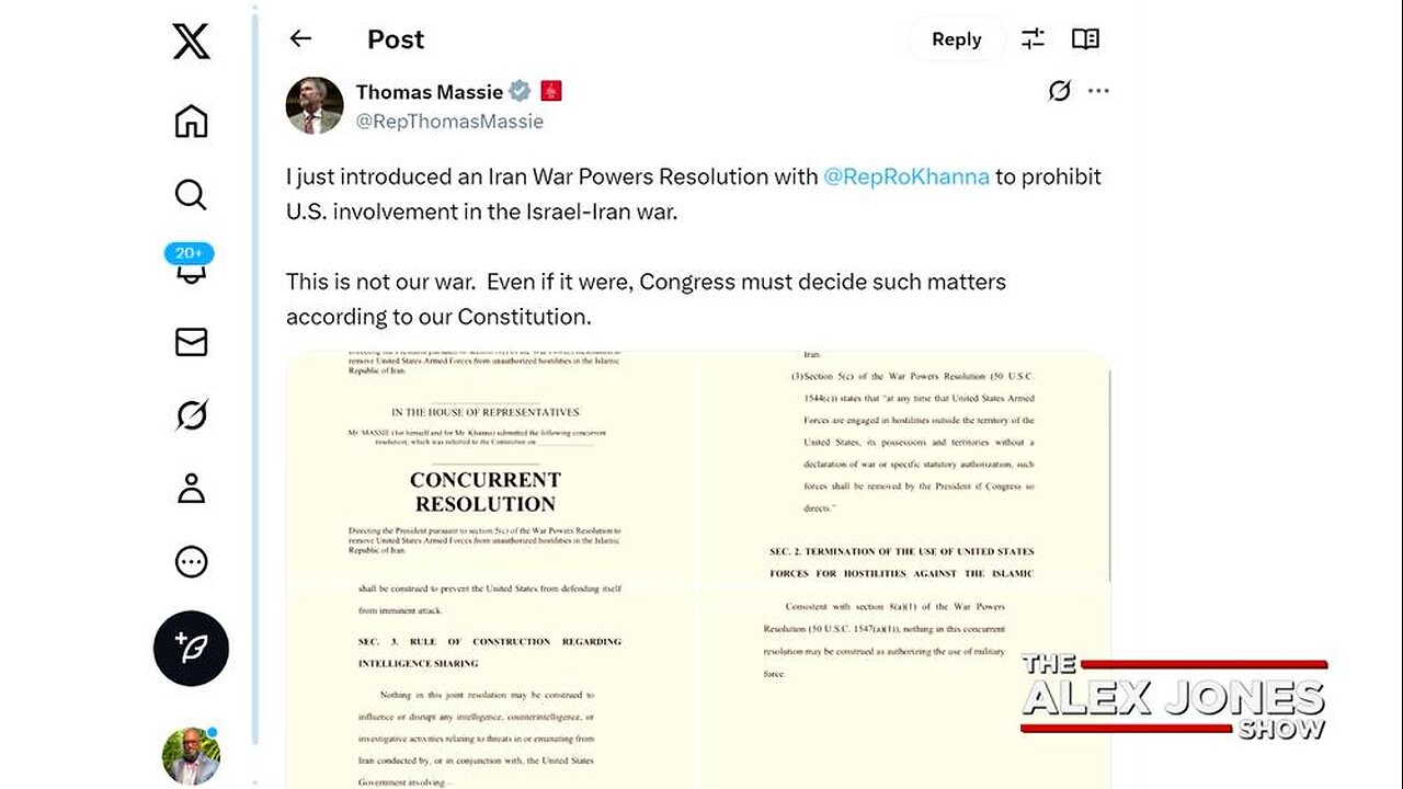 BREAKING: Congressman Thomas Massie Introduces 'Iran War Powers Resolution'