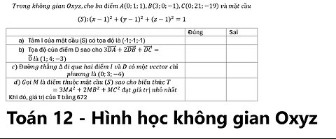 Toán 12: Trong không gian Oxyz,cho ba điểm A(0;1;1),B(3;0;-1),C(0;21;-19) và mặt cầu (S):(x-