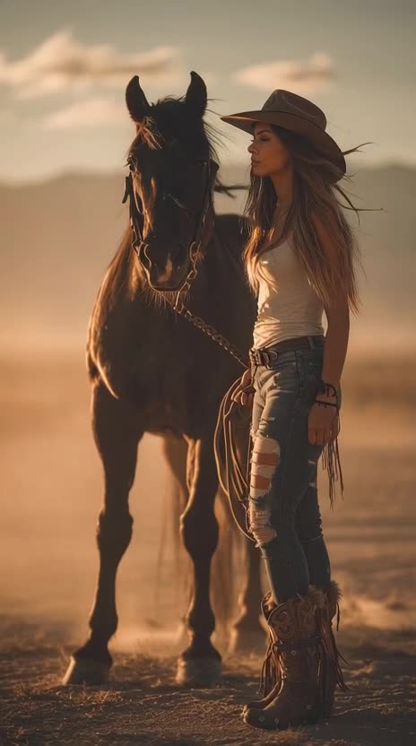 beautiful woman with piercing eyes and flowing hair beneath a dusty cowboy hat.