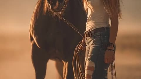 beautiful woman with piercing eyes and flowing hair beneath a dusty cowboy hat.