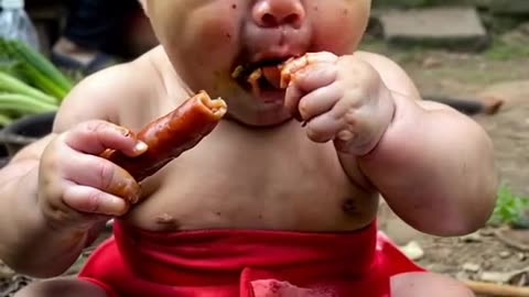 The cute little baby is eating.