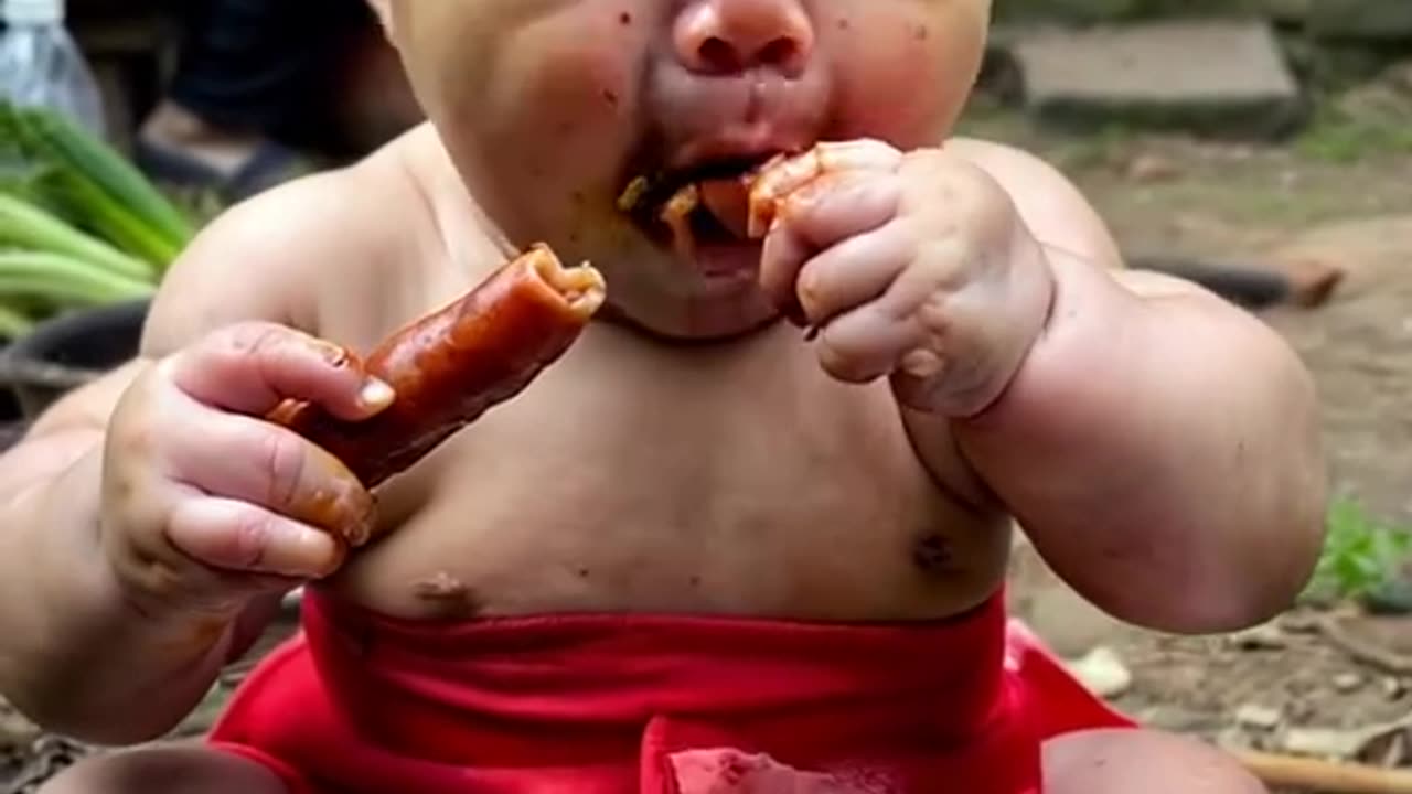 The cute little baby is eating.