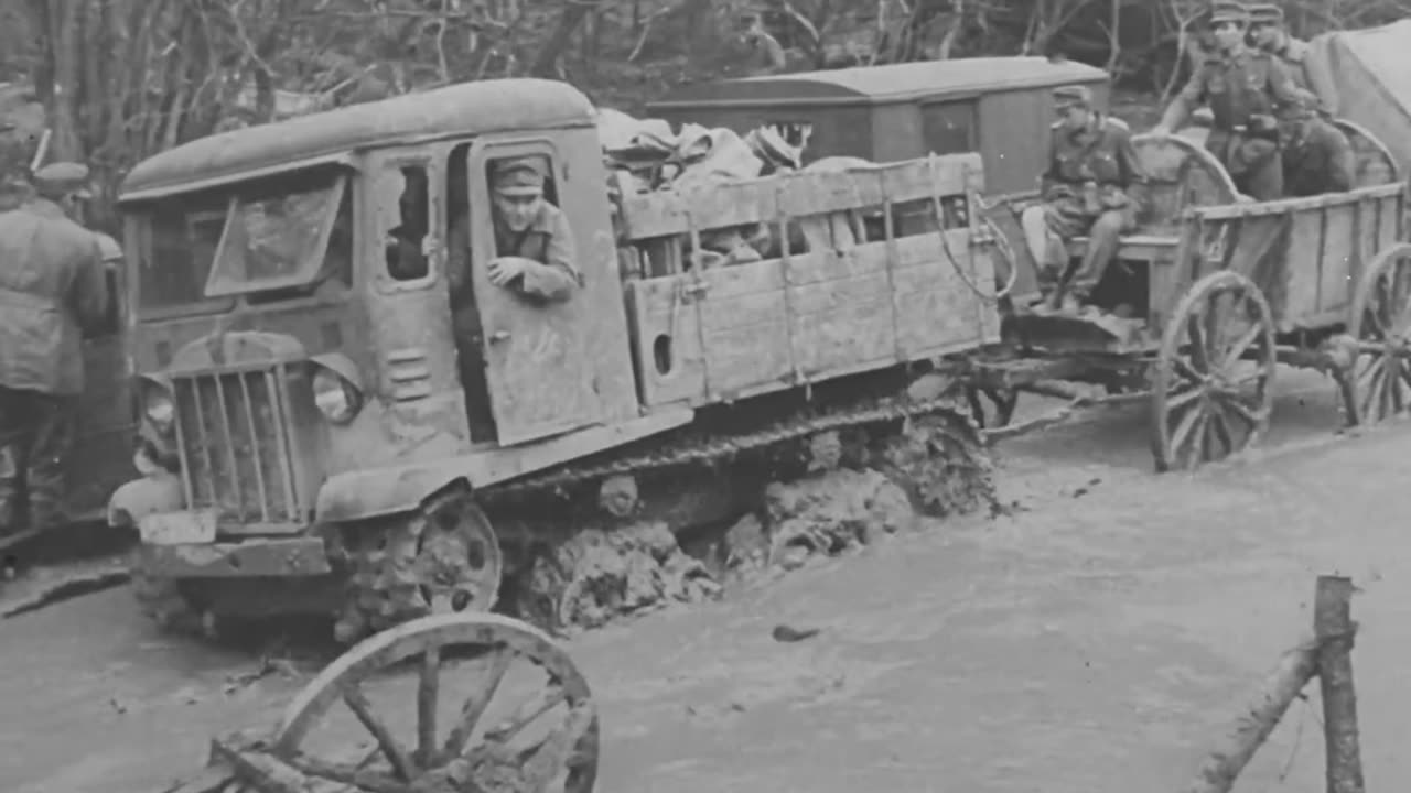 German and captured Soviet vehicles plowing through the mud on the Eastern Front in 1943