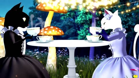 Two beautiful cats are enjoying a tea party wearing beautiful veneer