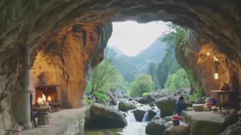 Serene Cave Hideaway with Flowing Stream.
