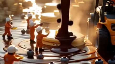 Mini Workers Pour Chocolate on Giant Pancakes #PancakeTower, #MiniChefs, #ChocolateDrizzle,