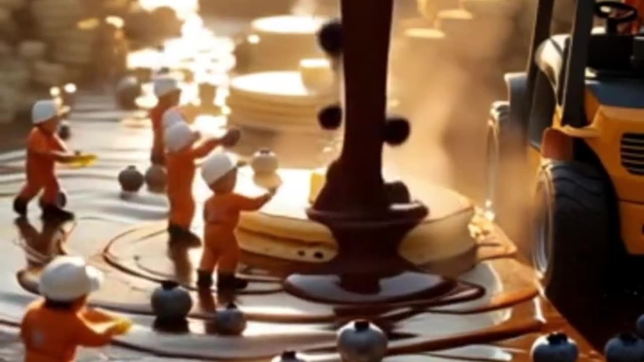 Mini Workers Pour Chocolate on Giant Pancakes #PancakeTower, #MiniChefs, #ChocolateDrizzle,