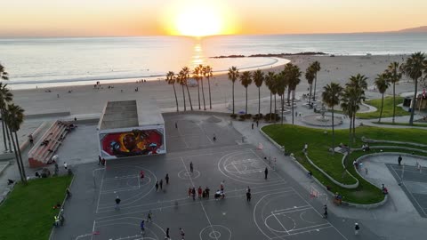 Aerial View of Sunset Over Venice Beach Basketball Court