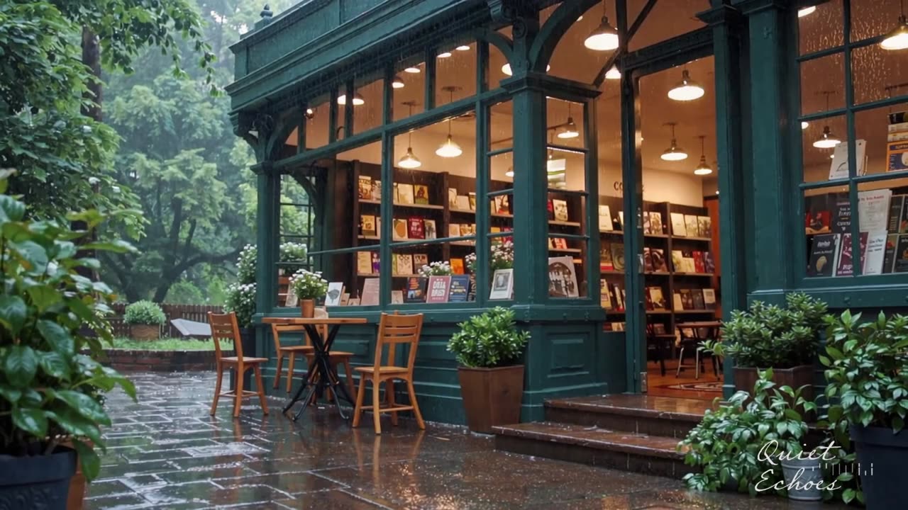 Rainy Day in a Cozy Bookstore | Calming Music & Rain Ambience