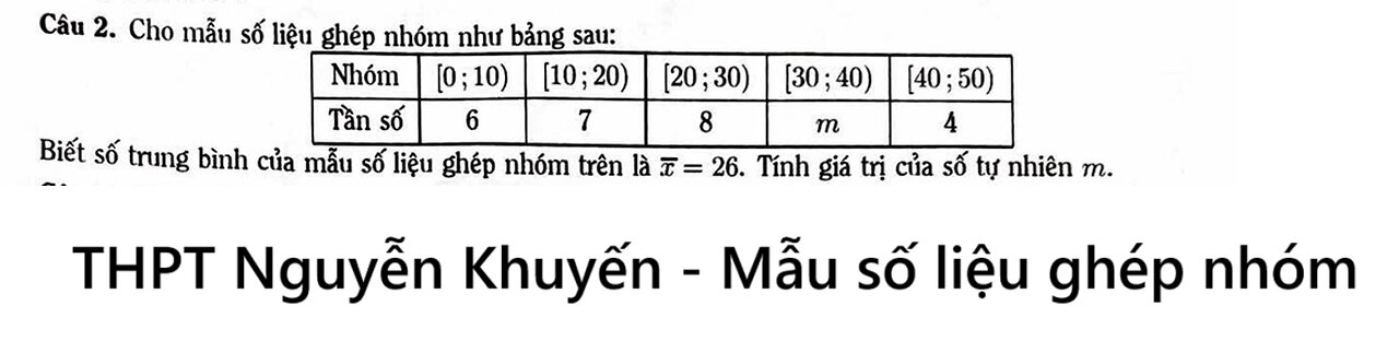 THPT Nguyễn Khuyến: Cho mẫu số liệu ghép nhóm như bảng sau: Biết số trung bình