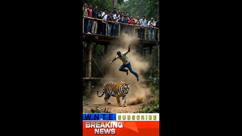 A man falls in front of a tiger.