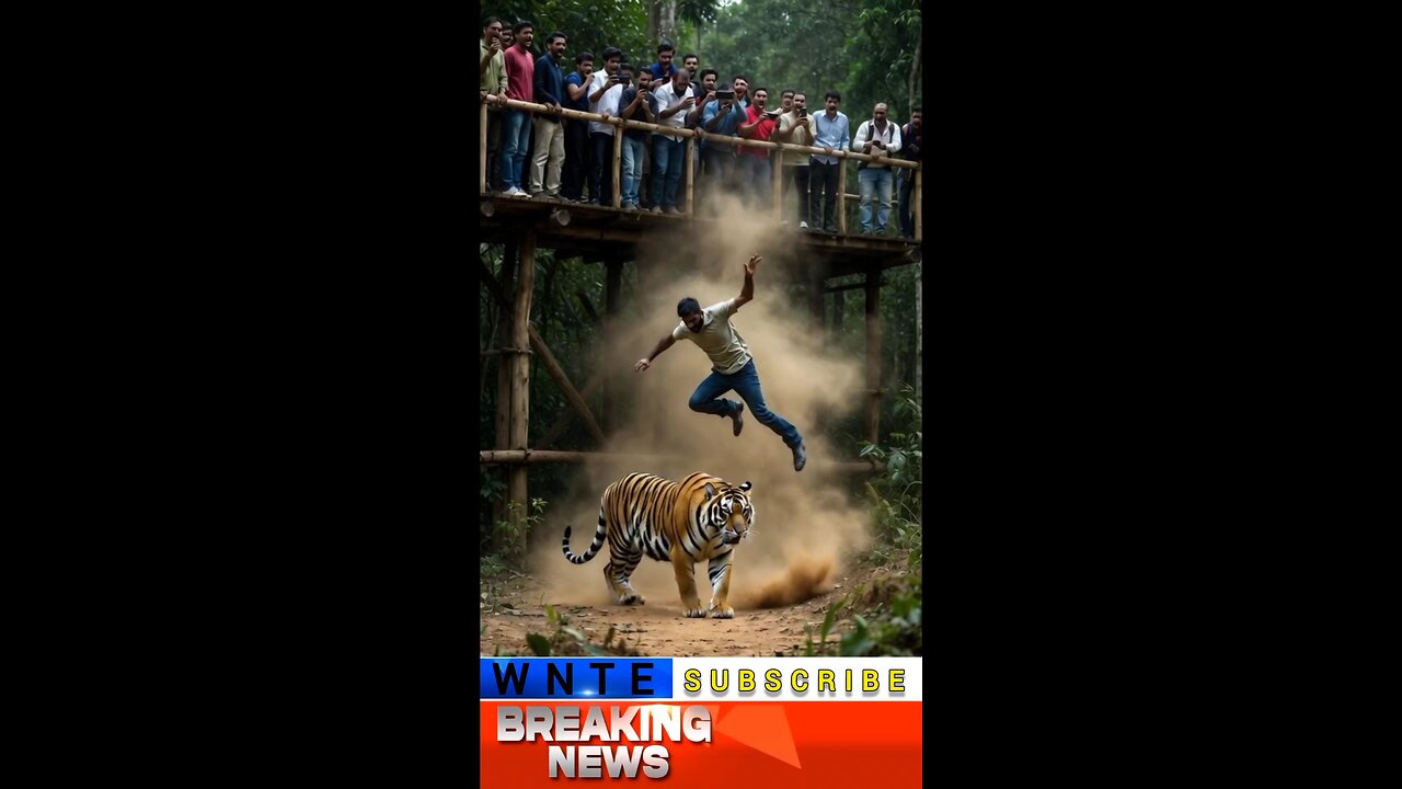 A man falls in front of a tiger.