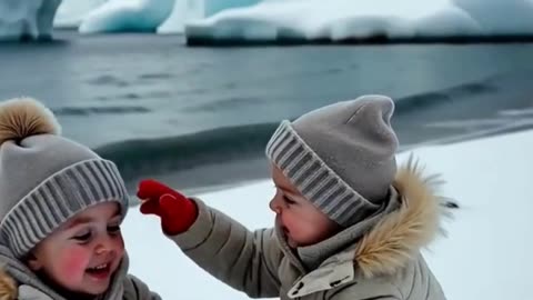 Adorable Infants Play with Baby Polar Animal in a Magical Arctic Moment