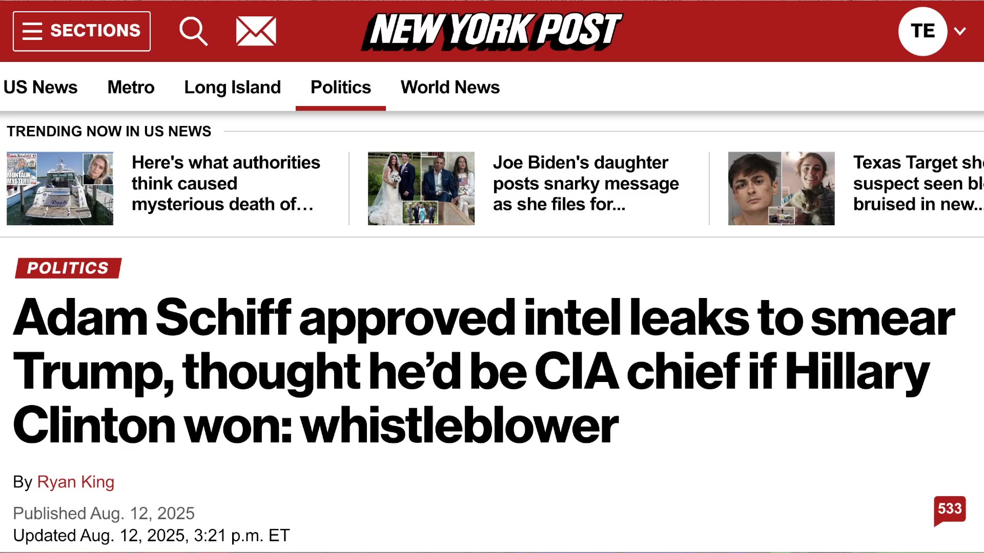 Whistleblower Accused Sen. Adam Schiff for Authorizing Leaking Intel Docs to Smear Trump