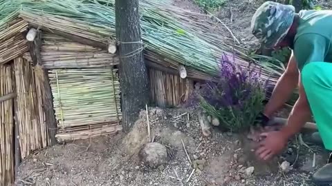 A man builds a hiding place in the forest with his own hands