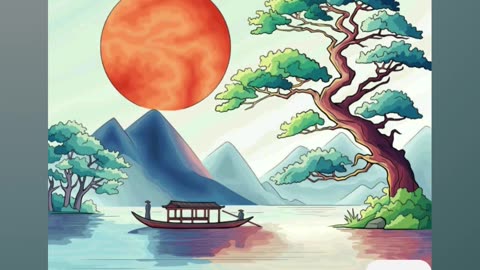 Illustrated Serene Lake View With Boat and Sunset in Natural Setting