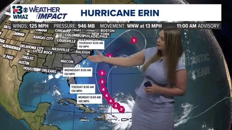 Erin still undergoing eyewall replacement, forecasted to strengthen back to Cat 4 (11 AM Update 8/17