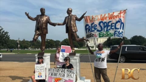 Statue of Trump and Epstein holding hands appears on the National Mall