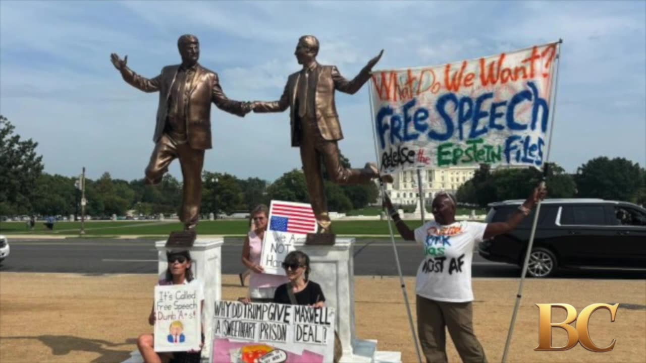 Statue of Trump and Epstein holding hands appears on the National Mall