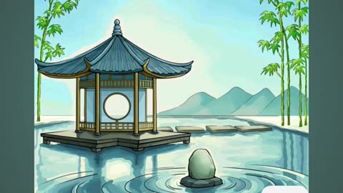 Serene Oriental Gazebo by a Tranquil Pond with Surrounding Bamboo Grove