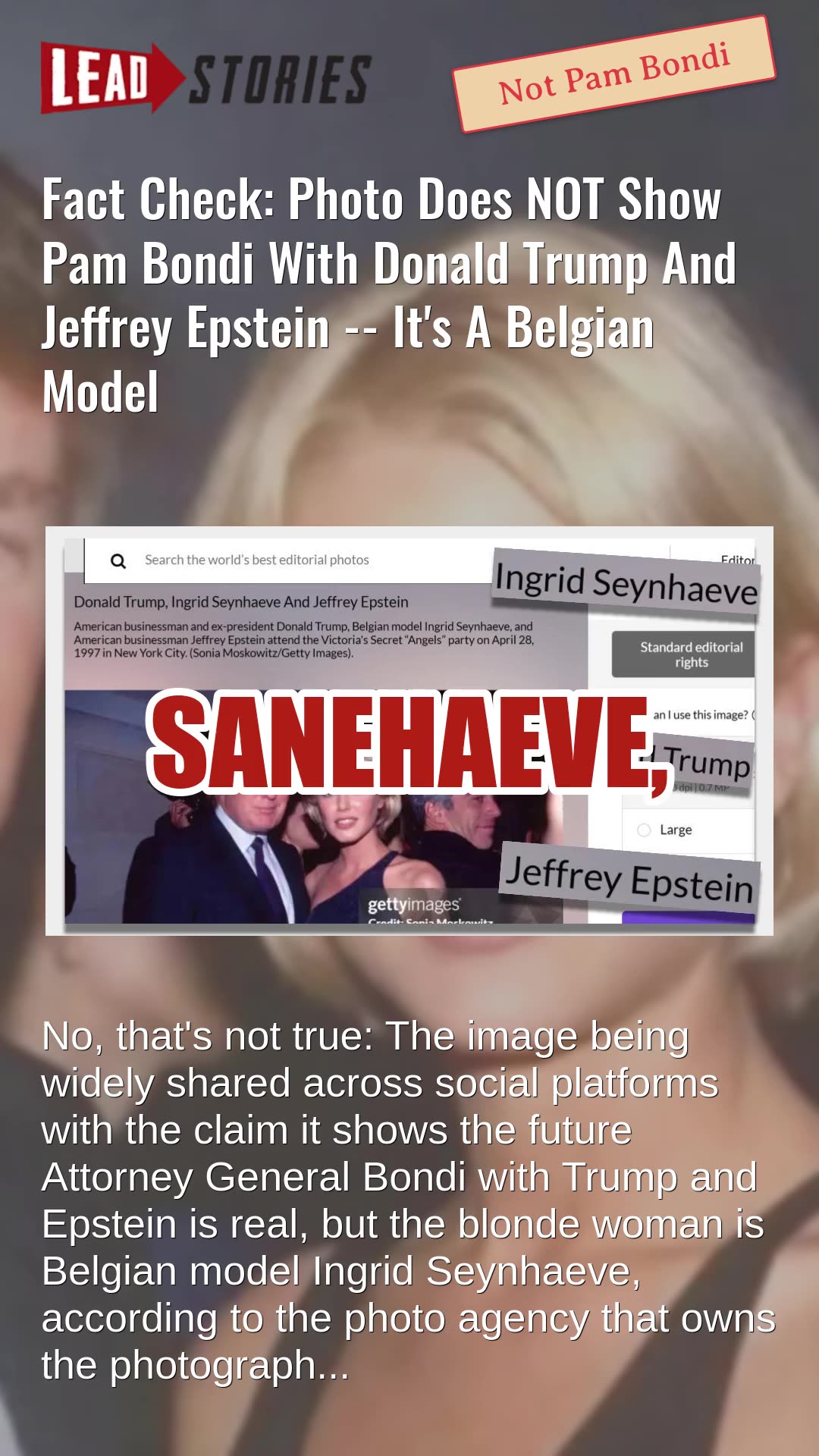 Fact Check: Photo Does NOT Show Pam Bondi With Donald Trump And Jeffrey Epstein -- Belgian Model